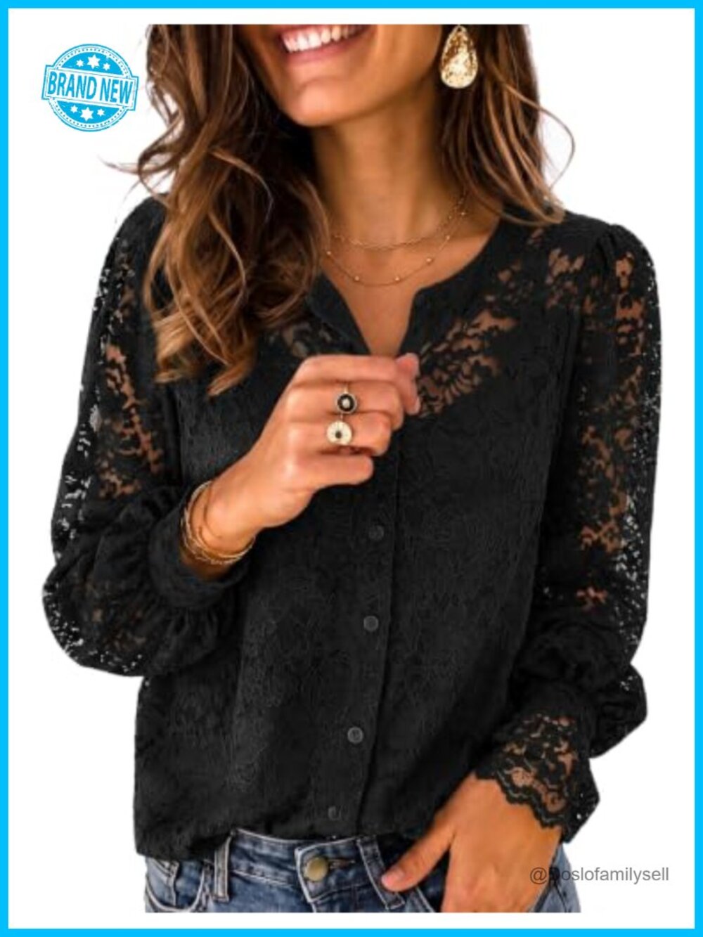 Zeagoo Lace Button Down Shirt Long Sleeve Crew Neck Lantern Sleeve Blouse